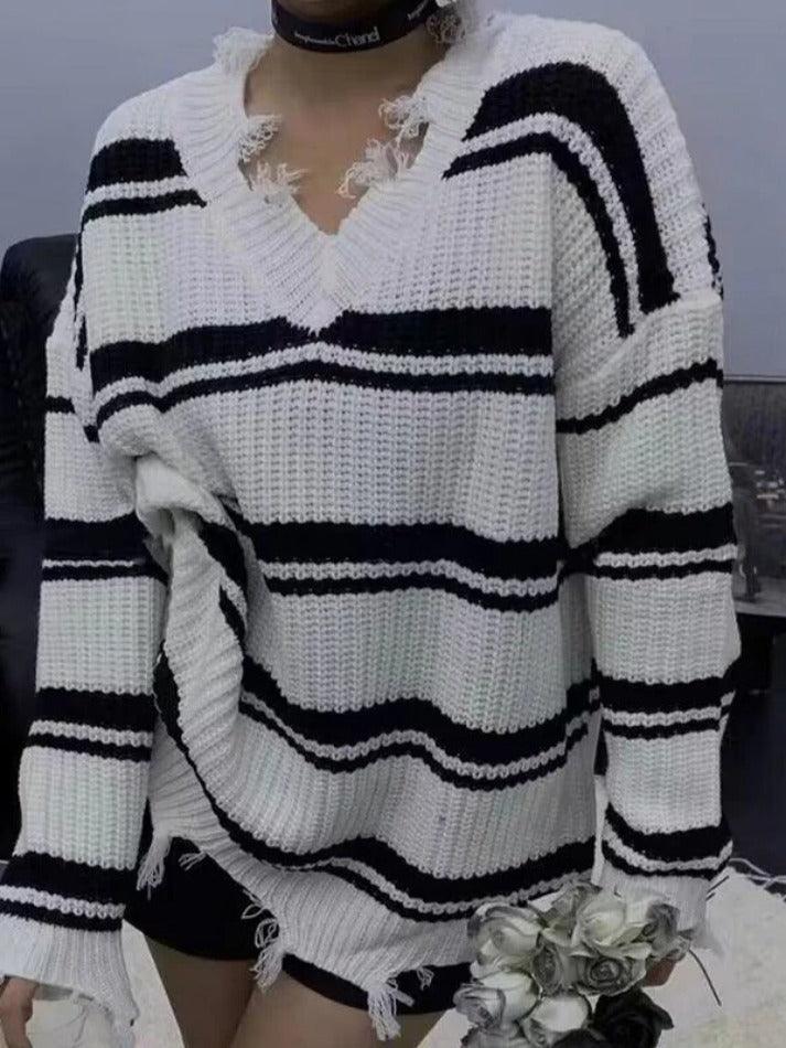 Levoire | Pull En Tricot À Franges À Col En V Rayé Blanc UNE TAILLE