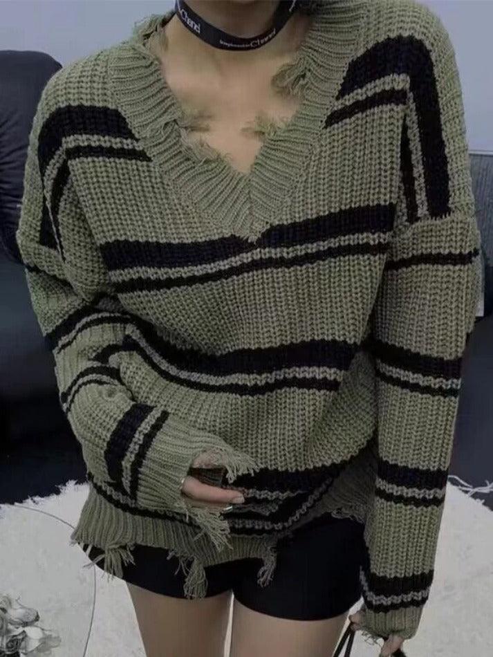 Levoire | Pull En Tricot À Franges À Col En V Rayé Vert UNE TAILLE