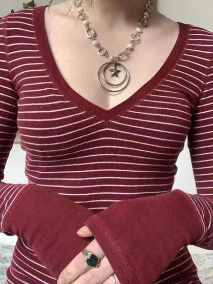 Levoire | T-Shirt Rayé En V En Tricot À Manches Longues