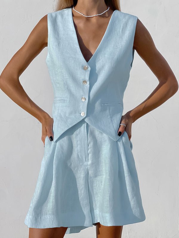 Levoire | Robe gilet Femme Été Loisirs Sans manches Gilet Short Ensemble deux pièces Bleu