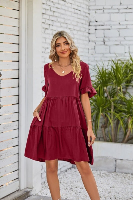 Levoire | Robe babydoll à emmanchure V d'été en trois couches Rouge vin