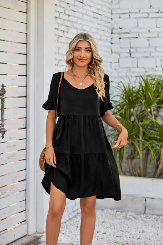 Levoire | Robe babydoll à emmanchure V d'été en trois couches Noir
