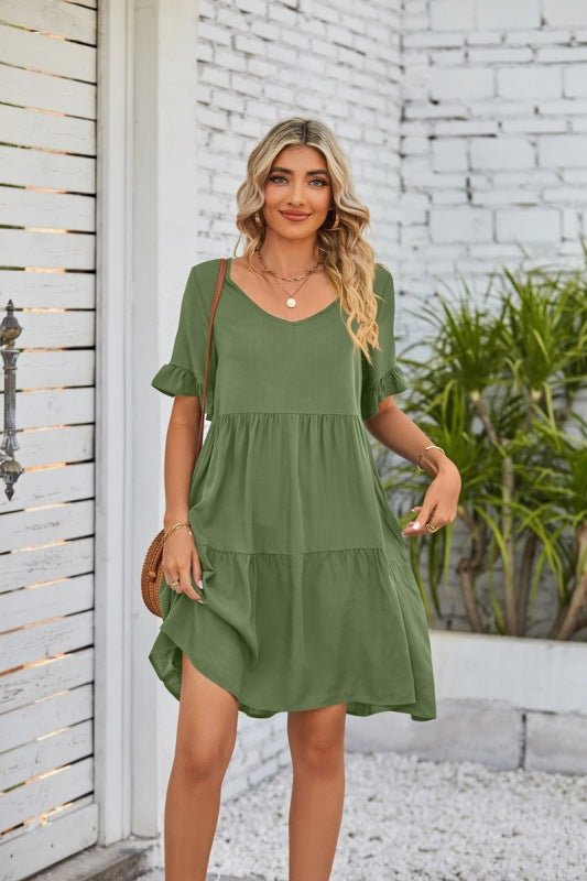 Levoire | Robe babydoll à emmanchure V d'été en trois couches Olive vert