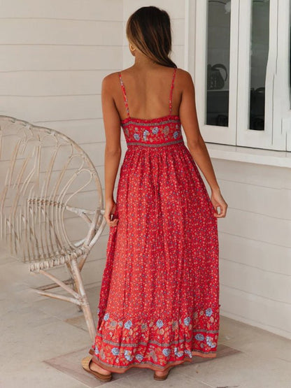 Levoire | Robe boho à fleurs à bretelles avec décolleté en V grande jupe évasée d'été