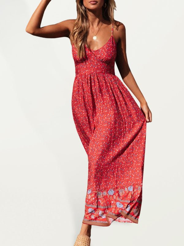 Levoire | Robe boho à fleurs à bretelles avec décolleté en V grande jupe évasée d'été Rot