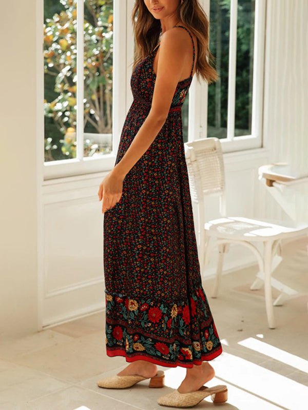 Levoire | Robe boho à fleurs à bretelles avec décolleté en V grande jupe évasée d'été