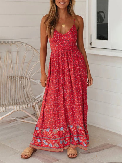 Levoire | Robe boho à fleurs à bretelles avec décolleté en V grande jupe évasée d'été