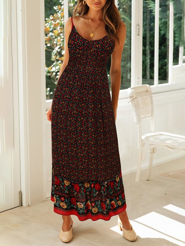 Levoire | Robe boho à fleurs à bretelles avec décolleté en V grande jupe évasée d'été Noir