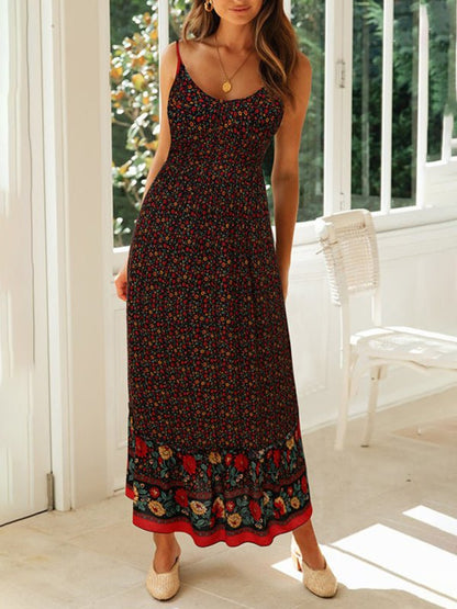 Levoire | Robe boho à fleurs à bretelles avec décolleté en V grande jupe évasée d'été Noir