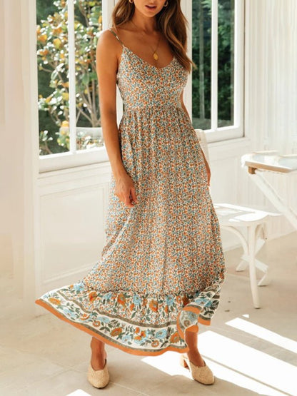 Levoire | Robe boho à fleurs à bretelles avec décolleté en V grande jupe évasée d'été