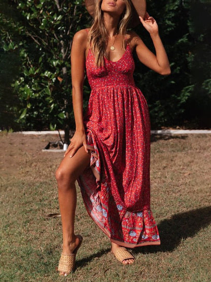 Levoire | Robe boho à fleurs à bretelles avec décolleté en V grande jupe évasée d'été