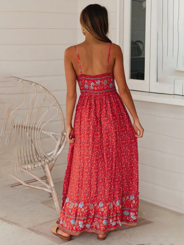 Levoire | Robe boho à fleurs à bretelles avec décolleté en V grande jupe évasée d'été