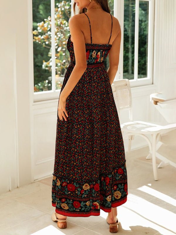Levoire | Robe boho à fleurs à bretelles avec décolleté en V grande jupe évasée d'été