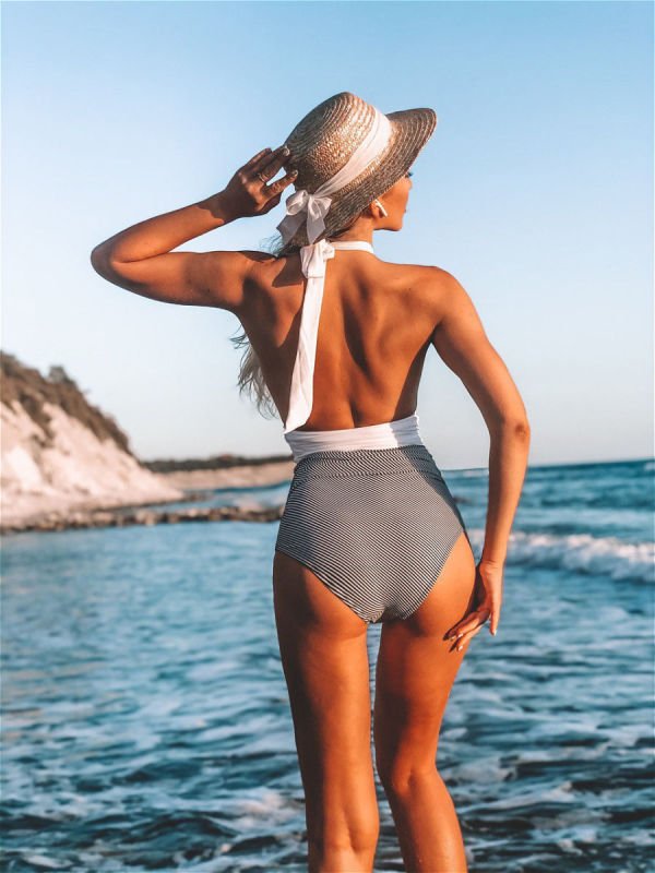 Levoire | Maillot de bain Femme Une Pièce Halter sexy Bloc de Couleur Taille Bañeur