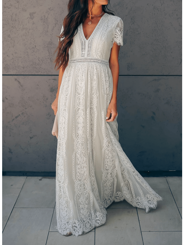 Levoire | Robe longue en dentelle à manches courtes et col en V Blanc