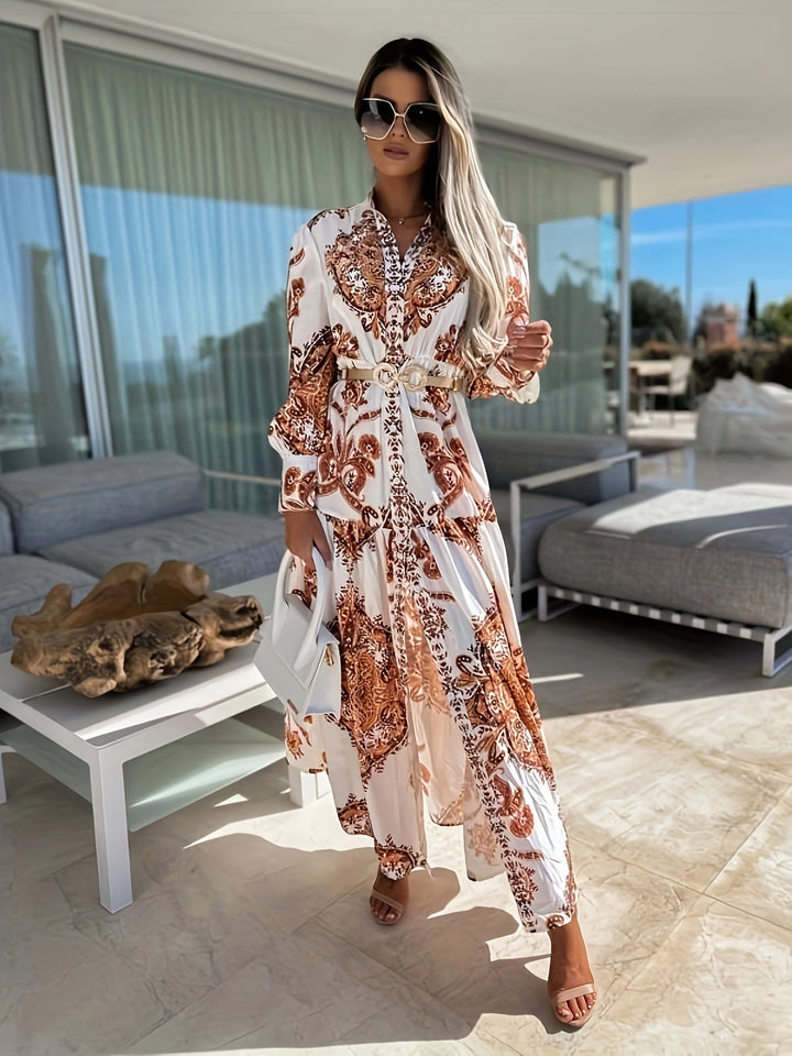 Levoire | Robe Maxi Boho Avec Impression Élégante Et Décolleté En V Braun