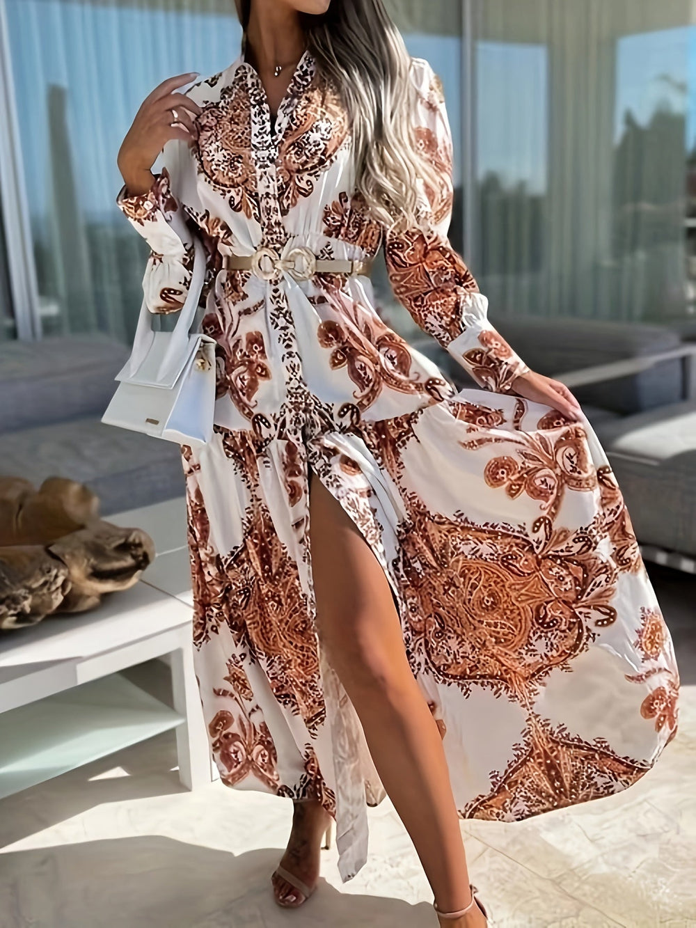 Levoire | Robe Maxi Boho Avec Impression Élégante Et Décolleté En V