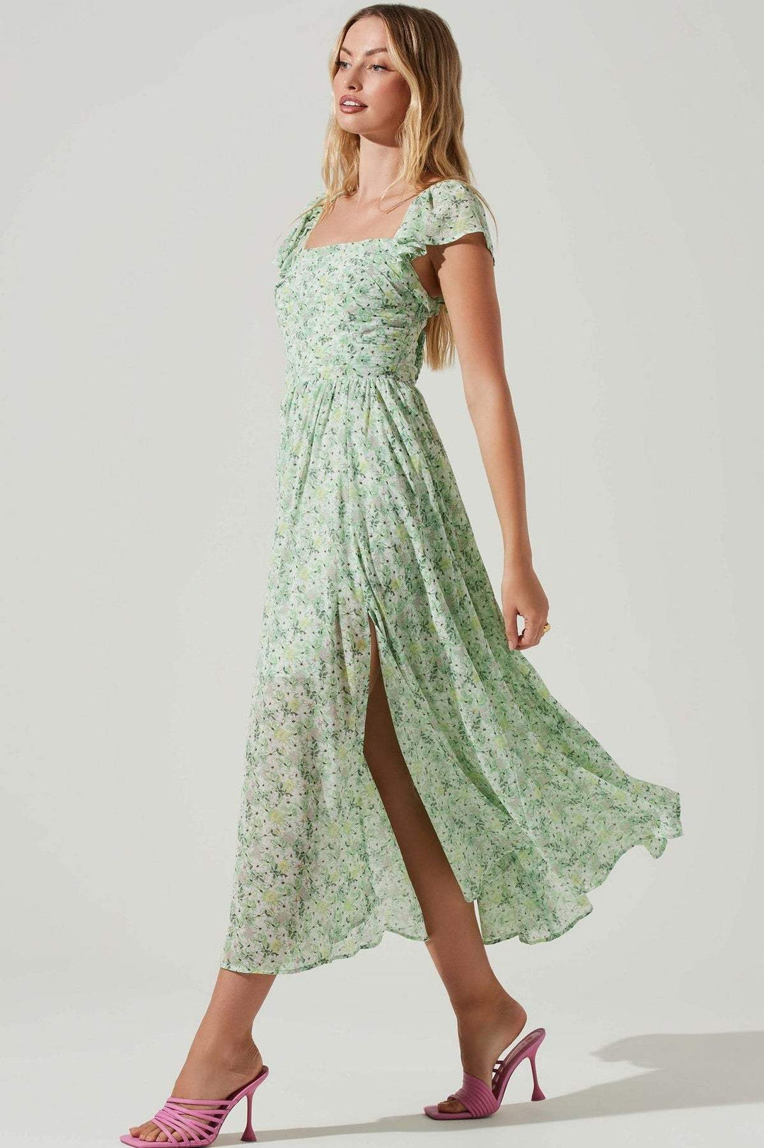 Levoire | Robe À Fleurs Pour Femmes Avec Une Fente Vert