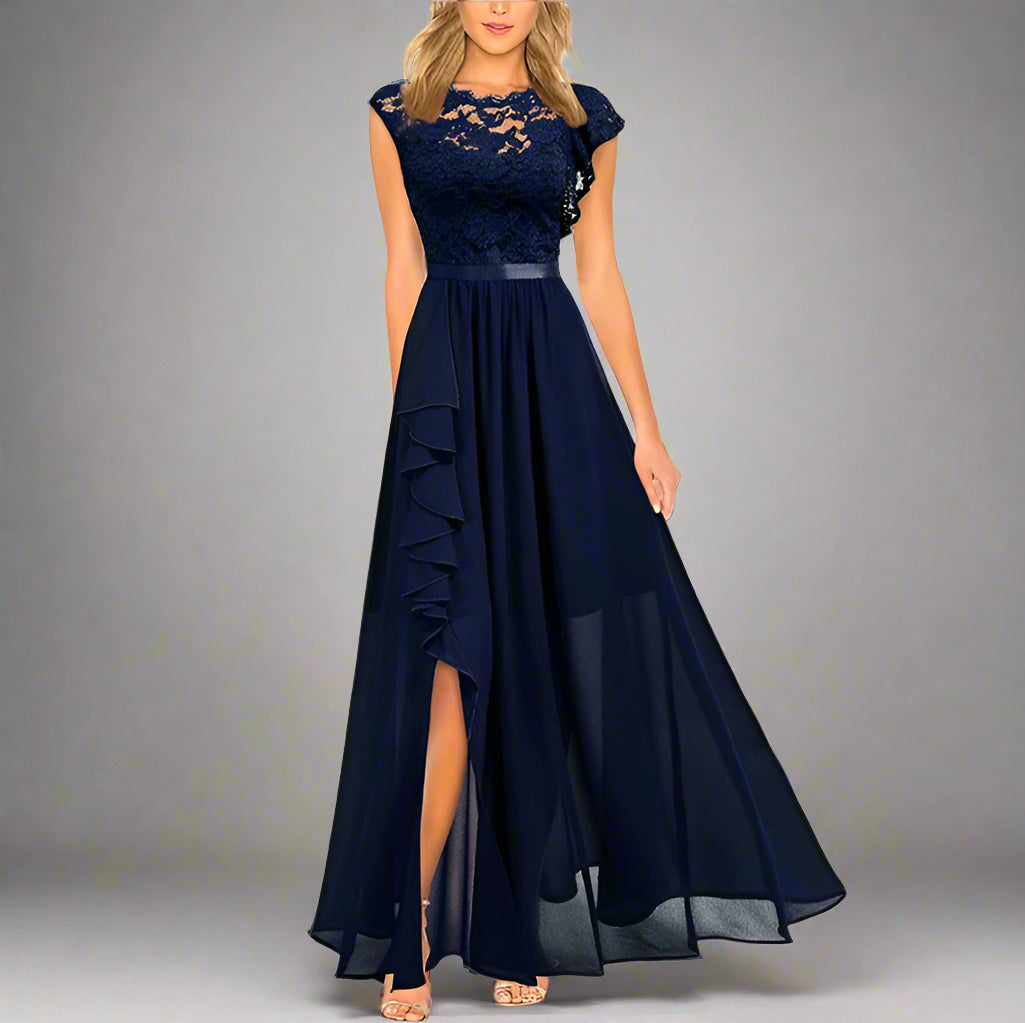 Levoire | Élegante Robe Maxi Femme Avec Des Inserts En Dentelle Intemporelle, Romantique Et Fluide Bleu marine