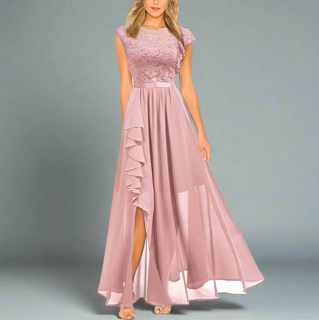 Levoire | Élegante Robe Maxi Femme Avec Des Inserts En Dentelle Intemporelle, Romantique Et Fluide Rosa