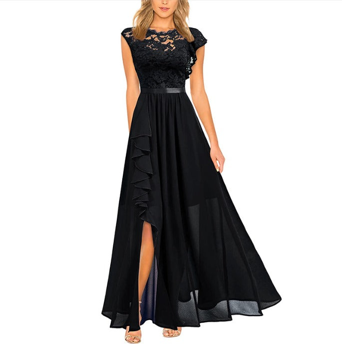 Levoire | Élegante Robe Maxi Femme Avec Des Inserts En Dentelle Intemporelle, Romantique Et Fluide Noir