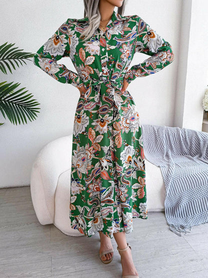 Levoire | Robe Midi À Manches Longues Imprimée Liée Vert