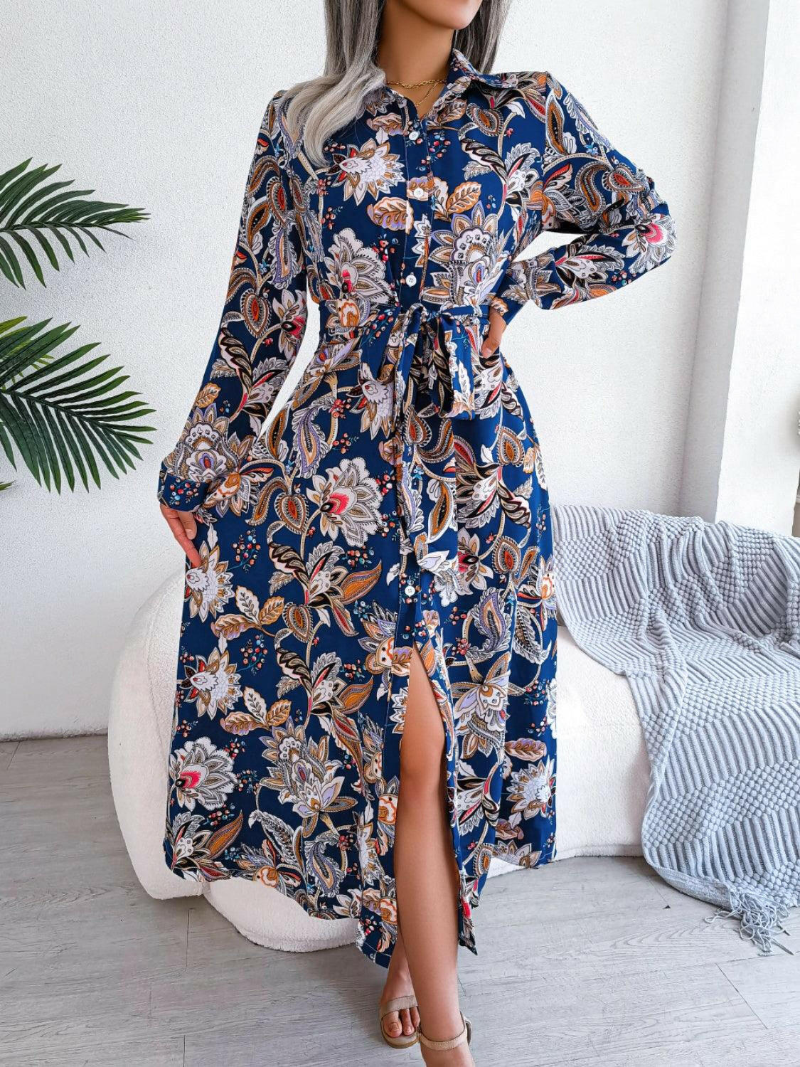 Levoire | Robe Midi À Manches Longues Imprimée Liée bleu roi