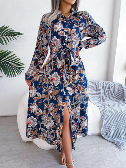 Levoire | Robe Midi À Manches Longues Imprimée Liée bleu roi