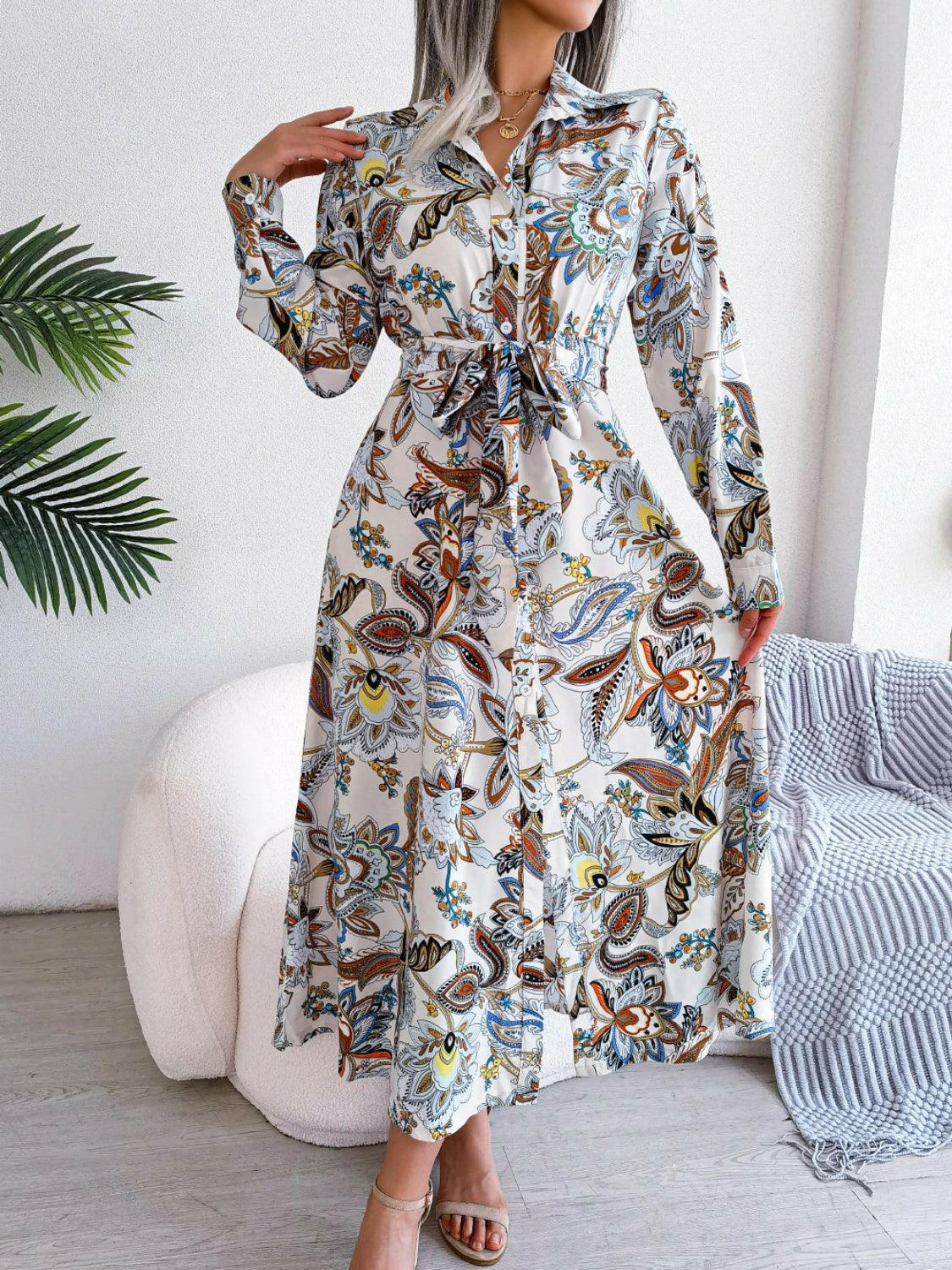 Levoire | Robe Midi À Manches Longues Imprimée Liée Blanc