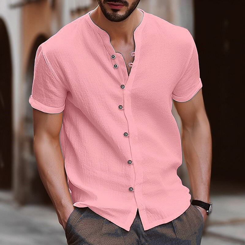 Levoire | Lin D'Homme Chemise Col Montant rose clair