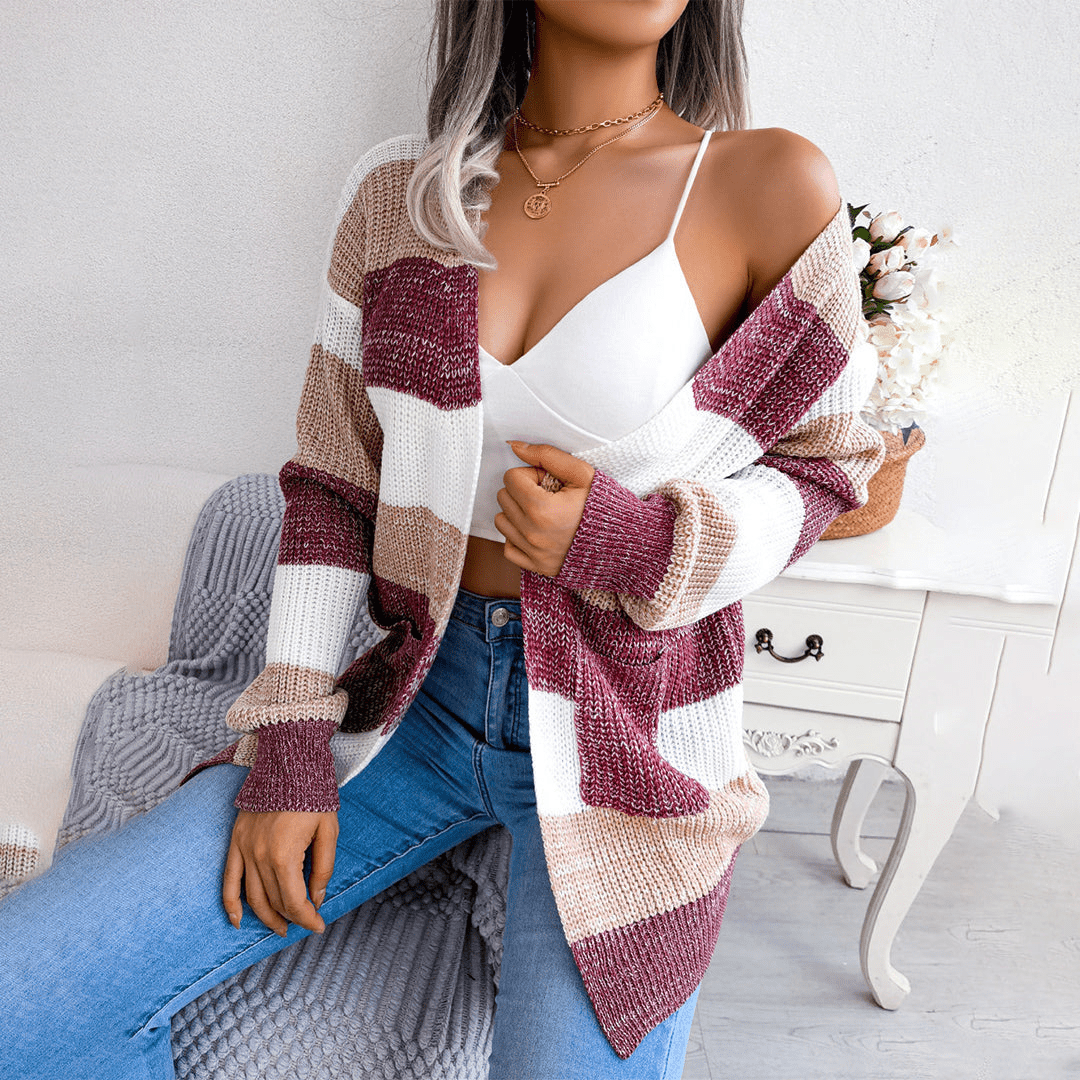Levoire | Pull Femme Rayé Gilet Jumper Pullover marron châtaigne