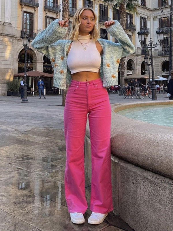 Levoire | Pantalons amples polyvalents tendance ressemblant à un jean taille haute fin avec des jambes larges Rosa