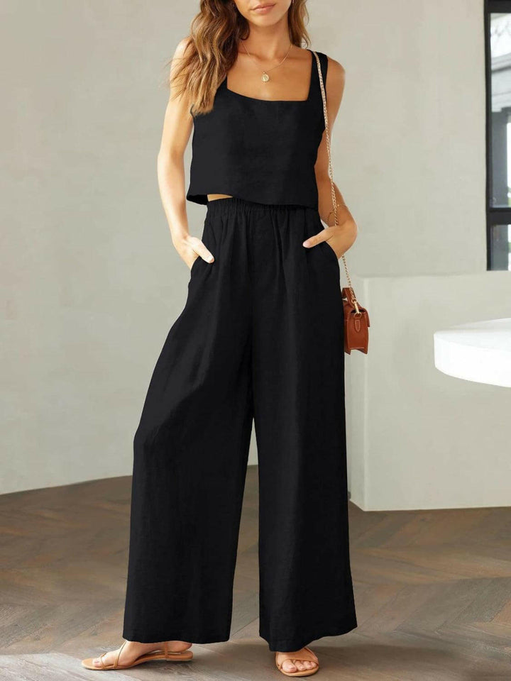 Levoire | Top À Encolure Carrée Tendance Et Ensemble De Pantalons Larges Noir