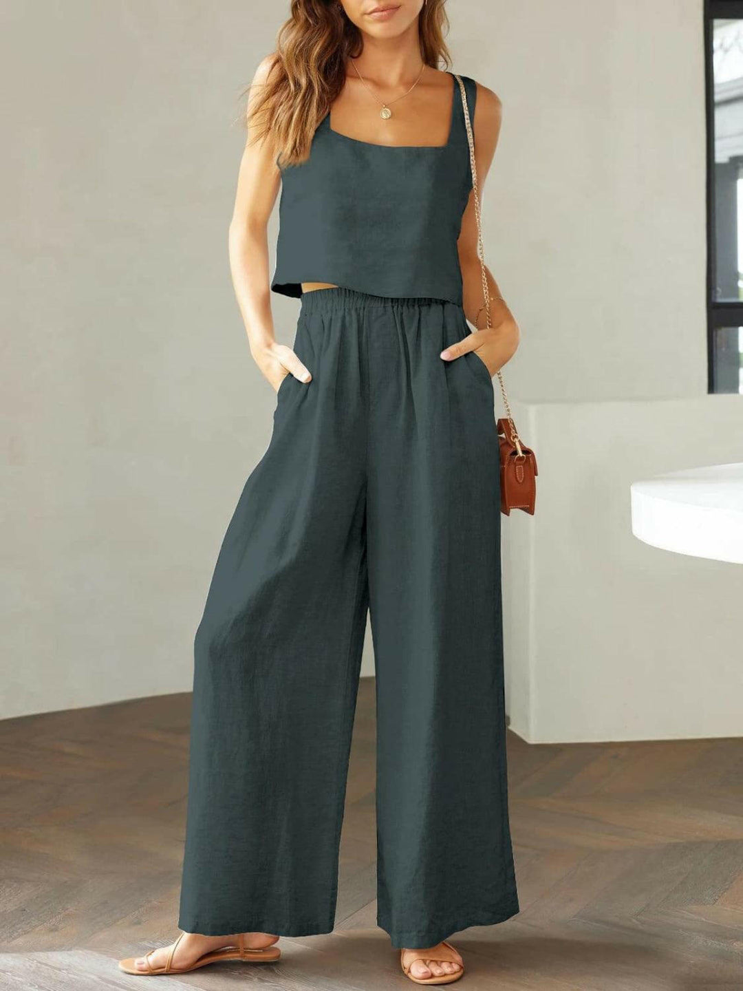 Levoire | Top À Encolure Carrée Tendance Et Ensemble De Pantalons Larges Gris foncé