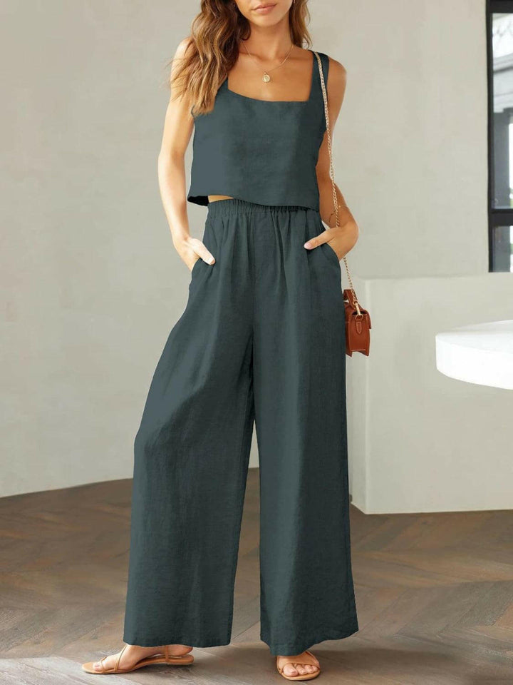 Levoire | Top À Encolure Carrée Tendance Et Ensemble De Pantalons Larges Gris foncé