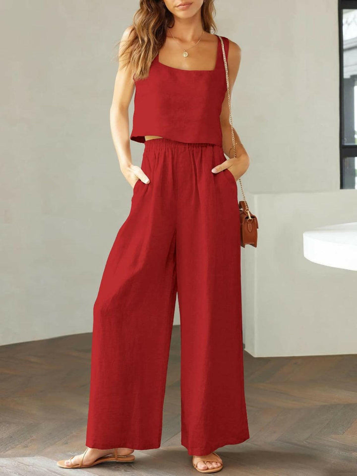 Levoire | Top À Encolure Carrée Tendance Et Ensemble De Pantalons Larges Rouge profond