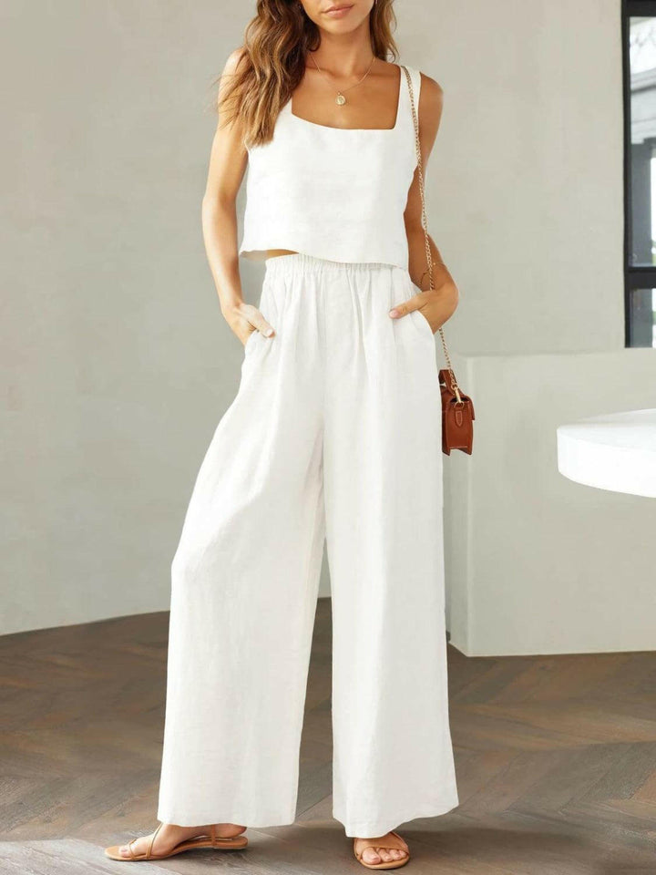 Levoire | Top À Encolure Carrée Tendance Et Ensemble De Pantalons Larges Blanc