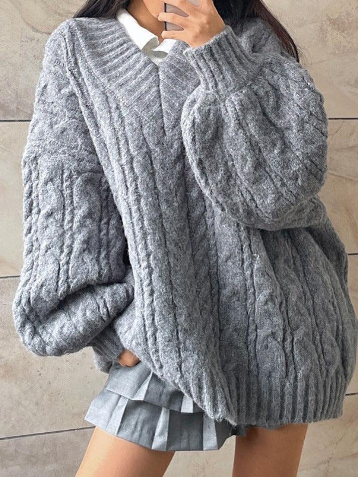 Levoire | Pull Décontracté À Col En V Design Torsadé Gris UNE TAILLE