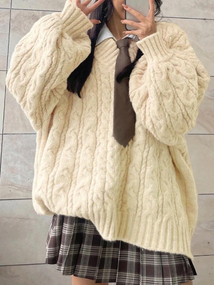 Levoire | Pull Décontracté À Col En V Design Torsadé Kaki UNE TAILLE