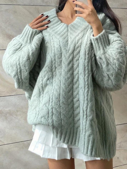Levoire | Pull Décontracté À Col En V Design Torsadé Vert UNE TAILLE