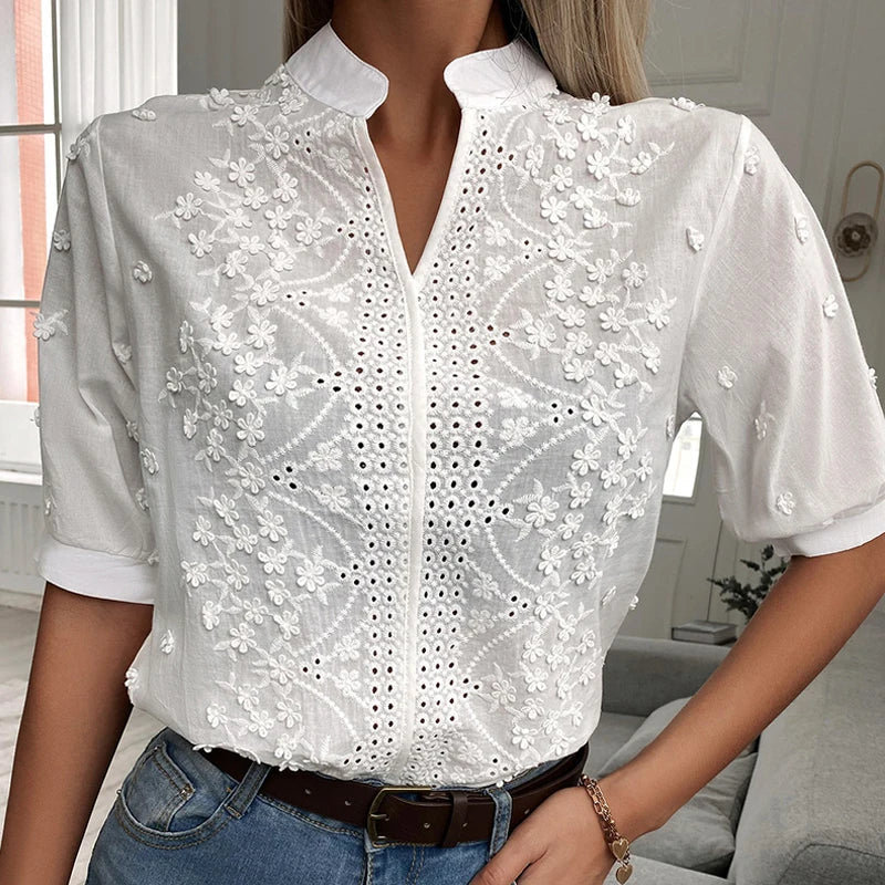 Levoire | Haut À Col En V Avec Motif Floral Et Broderie À Manches Mi-Longues