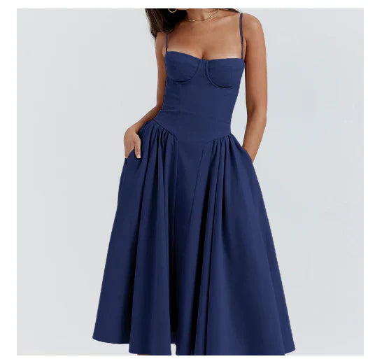 Levoire | Robe Midi Beige À Swinguement Bleu marine