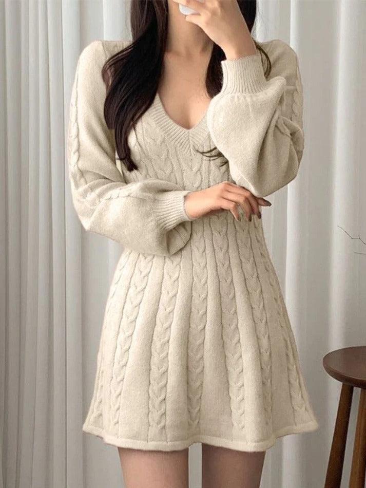 Levoire | Robe Pull Décolleté À Col V À Manches Longues Beige