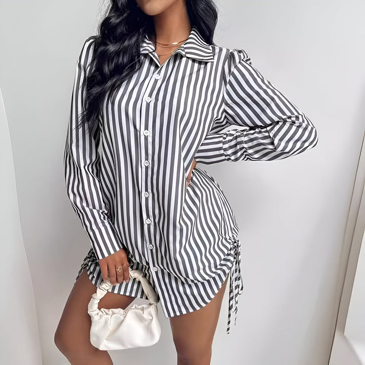 Levoire | Robe Chemise Rayée Avec Patte De Boutonnage Et Détail En Dentelle Pour Femmes Noir