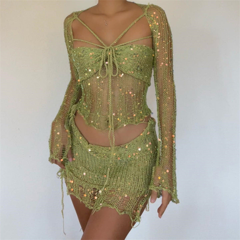 Levoire | Deux Pièces, Jupe Ajustée Avec Des Sequins Et Pull En Tricot Vert