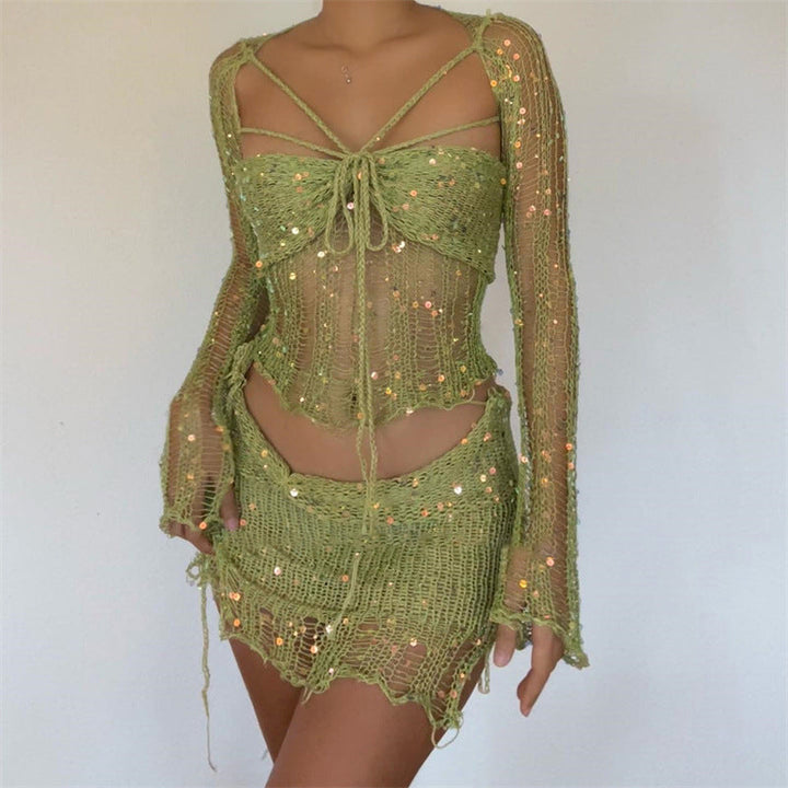 Levoire | Deux Pièces, Jupe Ajustée Avec Des Sequins Et Pull En Tricot Vert