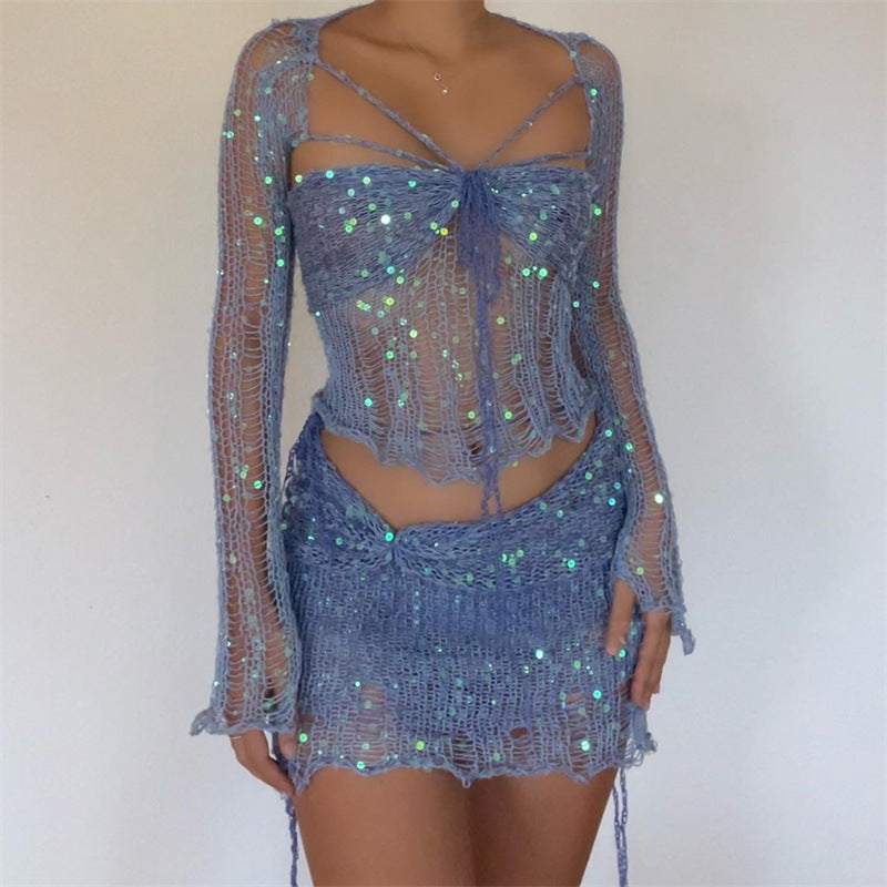 Levoire | Deux Pièces, Jupe Ajustée Avec Des Sequins Et Pull En Tricot Bleu