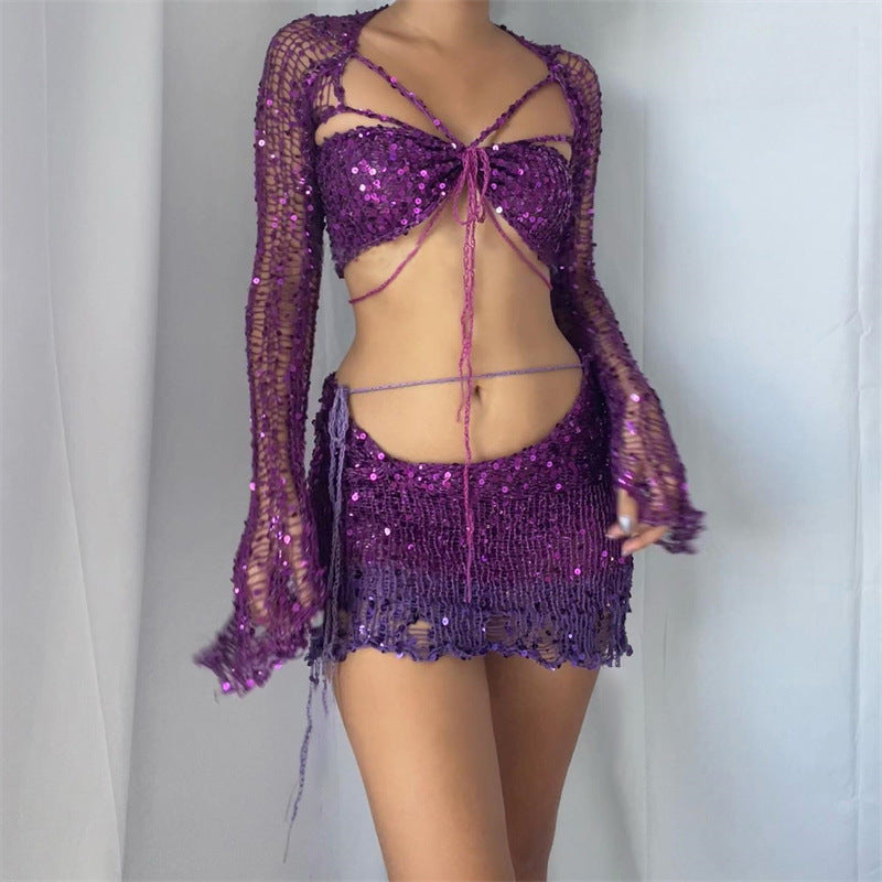 Levoire | Deux Pièces, Jupe Ajustée Avec Des Sequins Et Pull En Tricot Violet foncé