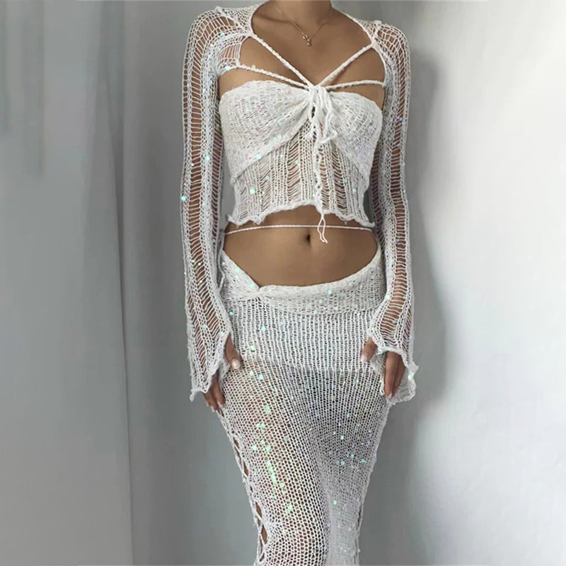 Levoire | Deux Pièces, Jupe Ajustée Avec Des Sequins Et Pull En Tricot blanc Kerman