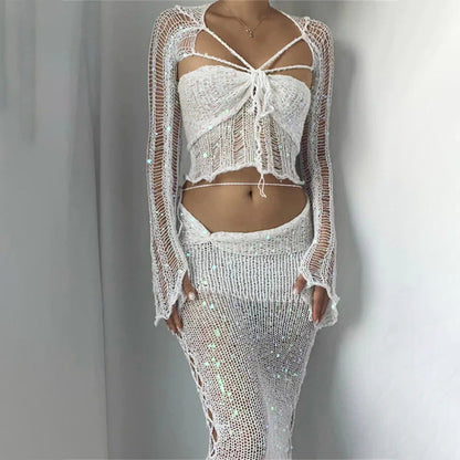 Levoire | Deux Pièces, Jupe Ajustée Avec Des Sequins Et Pull En Tricot blanc Kerman